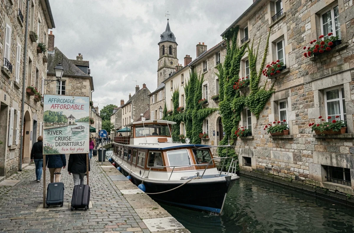 Bateau de croisière fluviale amarré dans un village français avec passagers embarquant à prix abordable