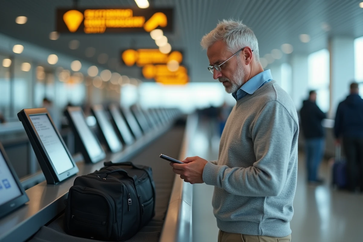 Passager utilisant une borne d'enregistrement automatique des bagages dans un aéroport américain