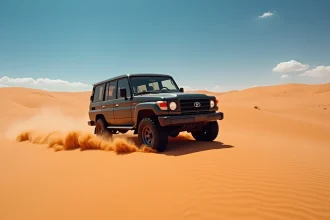 4x4 Land Cruiser gravissant une dune de sable dorée dans le désert de Ksar Ghilane, Sahara tunisien