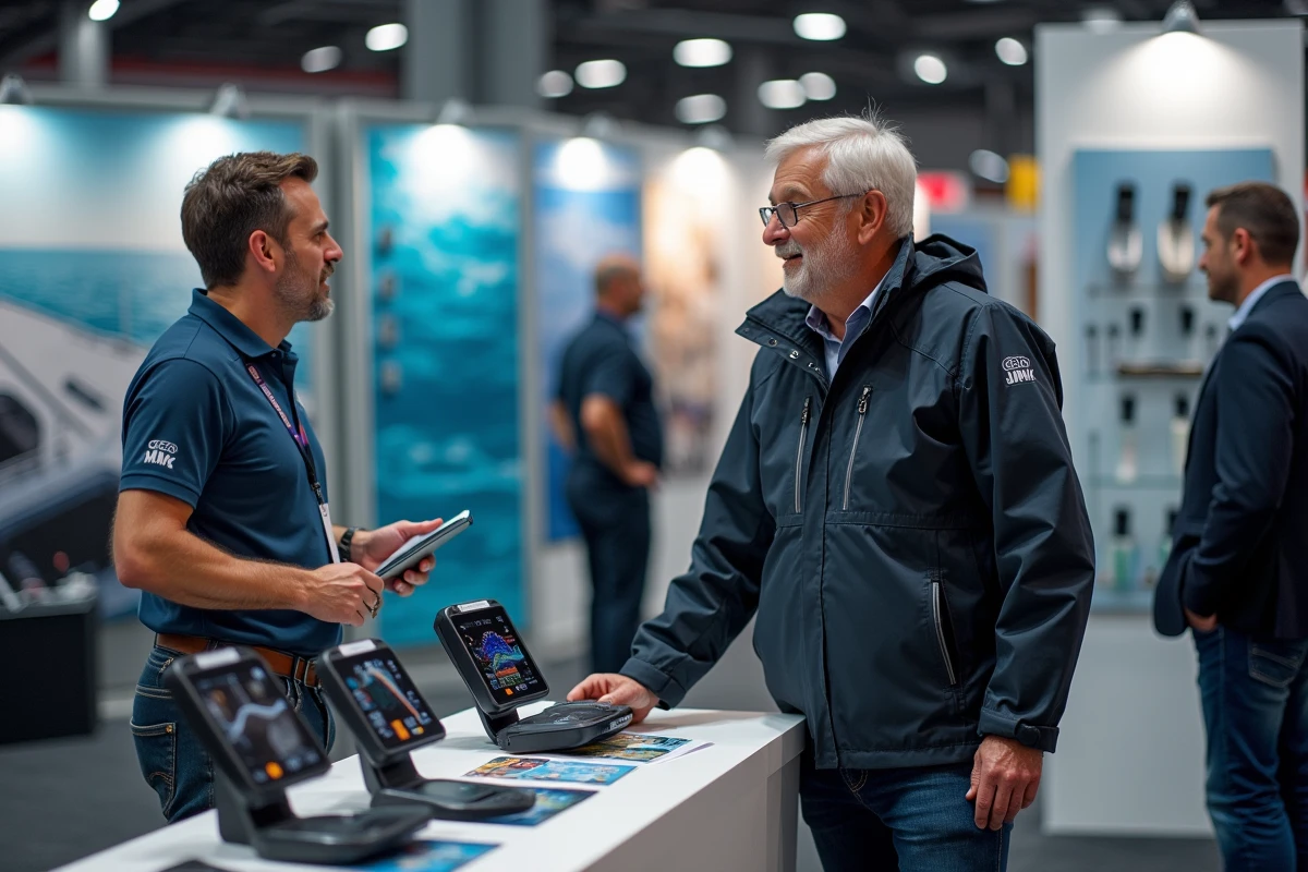 Visiteur discutant avec un exposant devant un stand d'équipements nautiques au Salon du nautisme de Paris