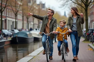 Famille souriante se promenant le long d'un canal d'Amsterdam