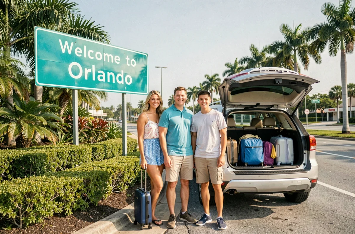 Famille souriante devant le panneau de bienvenue d'Orlando après leur trajet depuis Miami en voiture