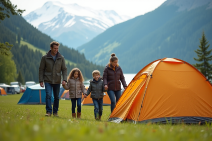 Famille de quatre installant une tente en camping