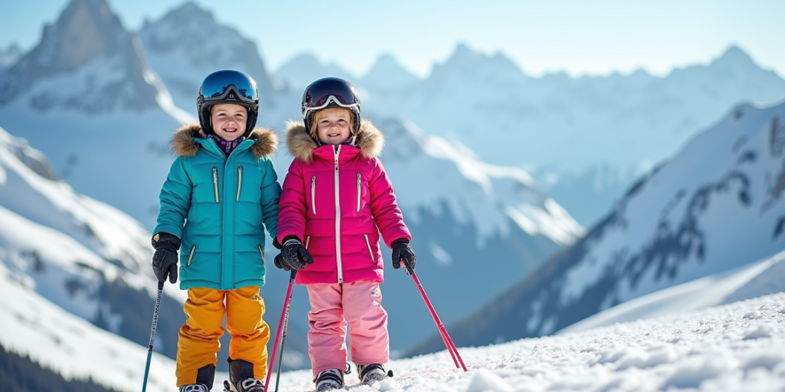 Famille souriante en ski dans les Alpes enneigees
