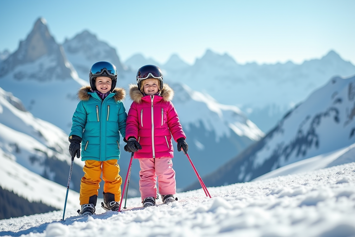 Famille souriante en ski dans les Alpes enneigees