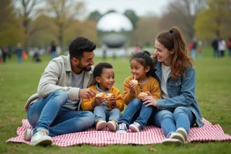 Famille diverse partageant un pique-nique dans le parc