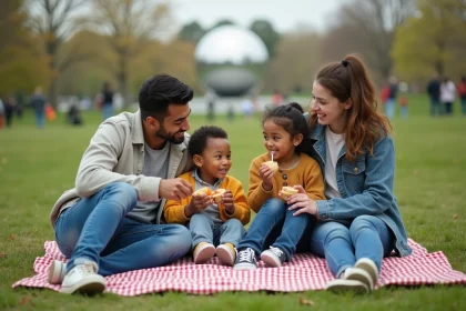 Famille diverse partageant un pique-nique dans le parc