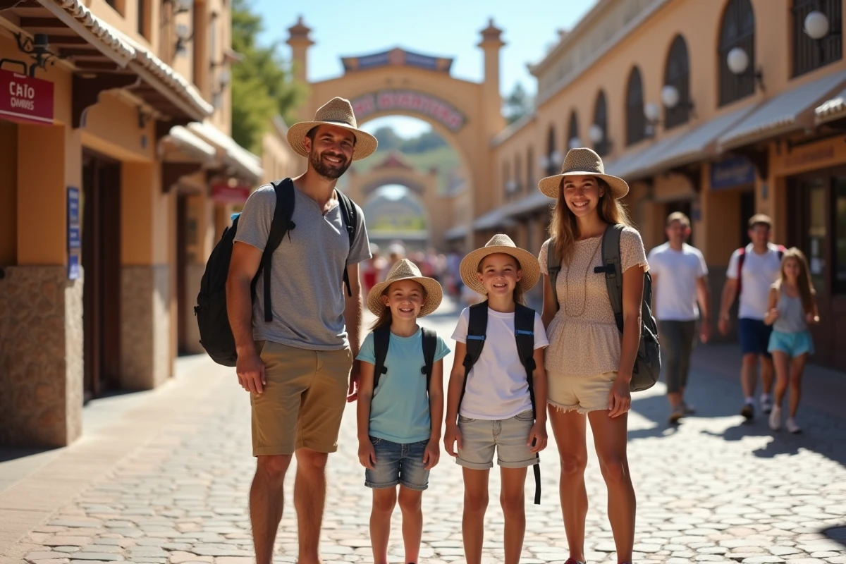 Famille souriante devant l'entrée de PortAventura