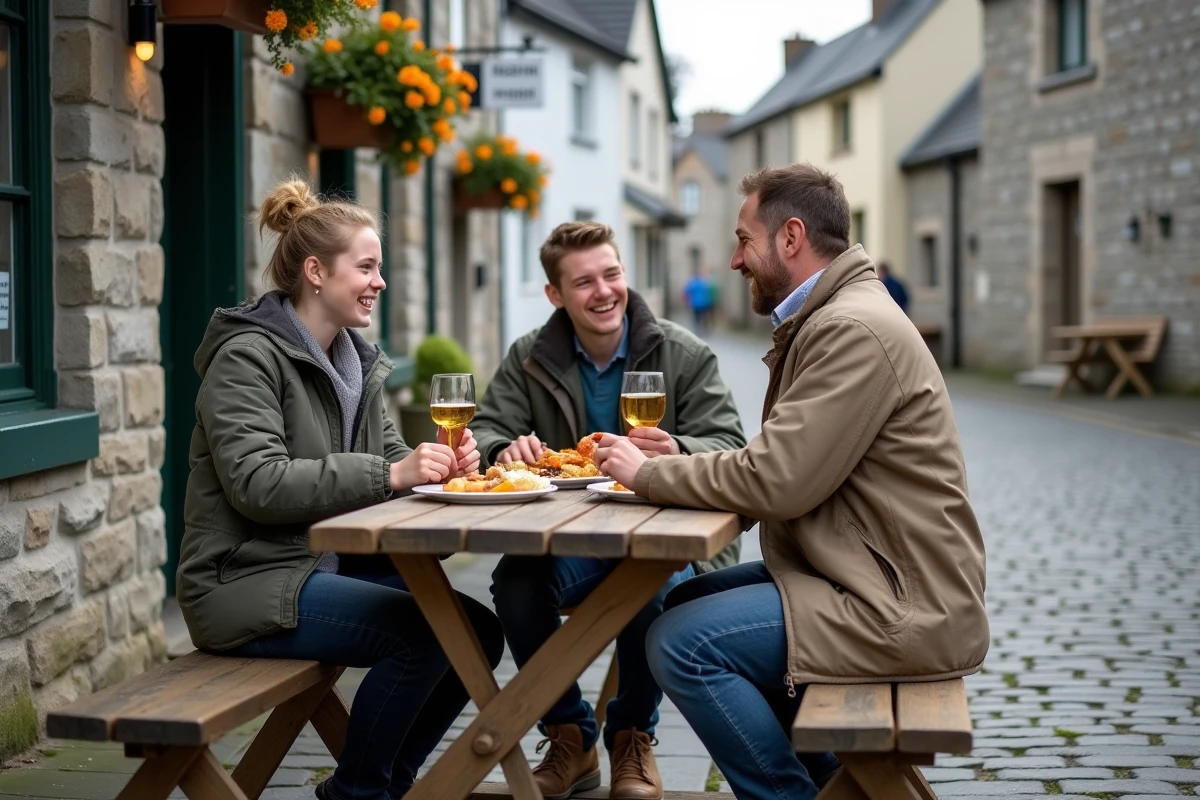 Père et adolescents partageant un repas devant un pub traditionnel dans un village de l'île de Man