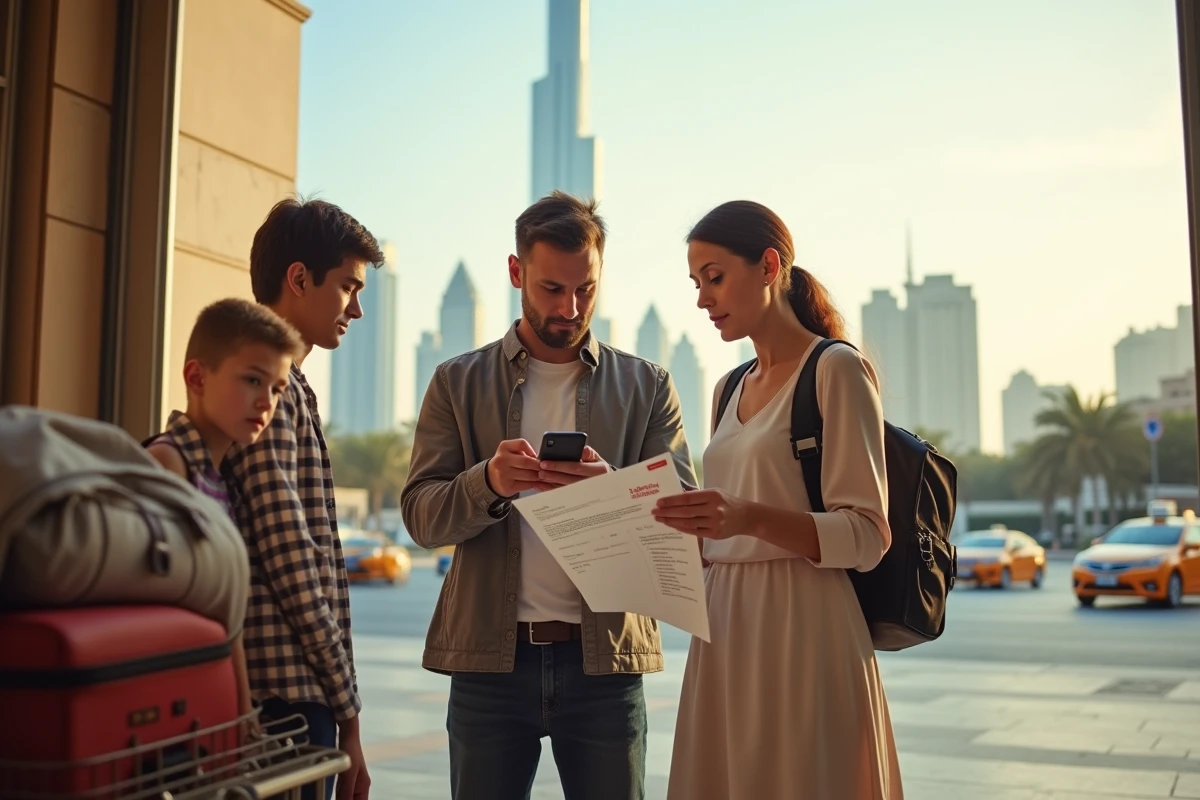 Famille consultant une réservation Emirates Holidays devant un hôtel de luxe à Downtown Dubaï avec le Burj Khalifa en arrière-plan