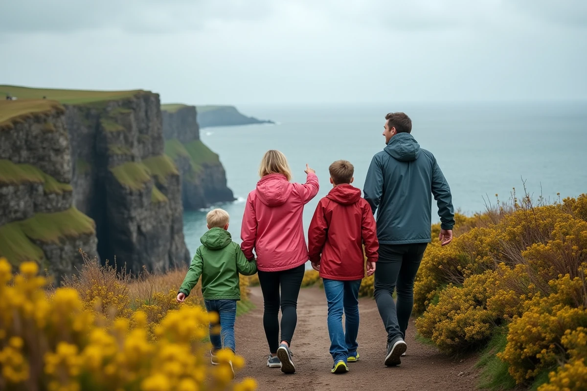 Famille explorant un sentier côtier spectaculaire de l'île de Man avec vue sur la mer d'Irlande