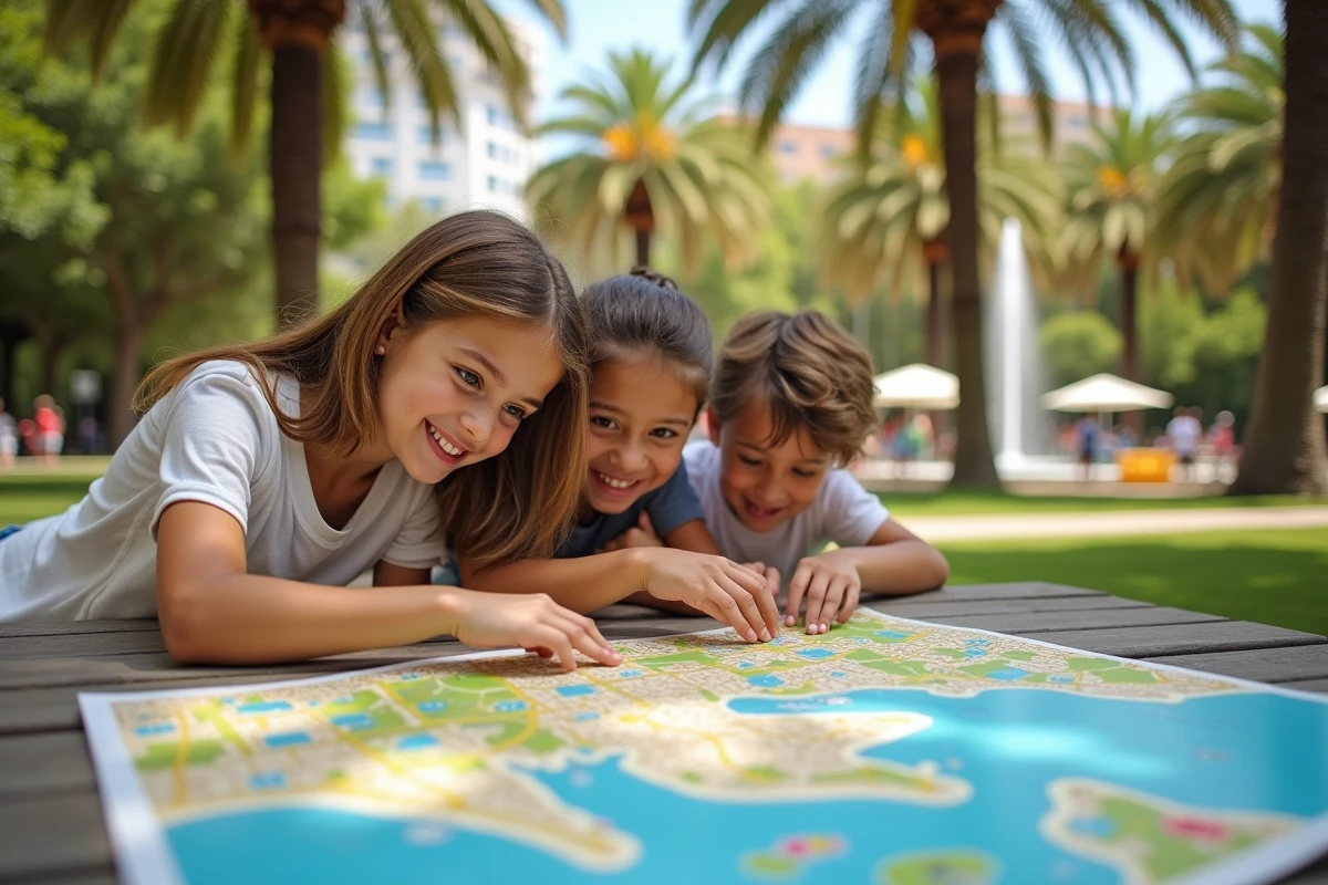 Famille souriante à Malaga pointant la carte