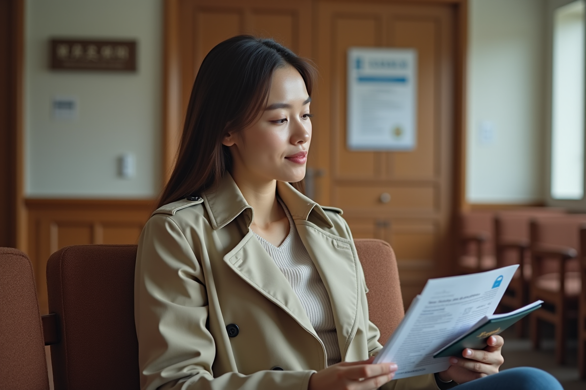 Jeune femme attendant avec passeport dans une salle d
