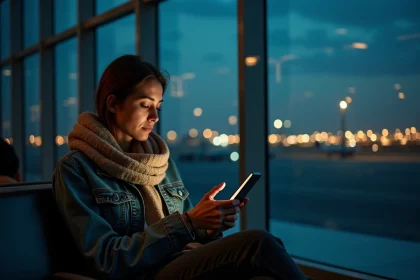 Jeune femme dans un aéroport de Casablanca regardant son smartphone