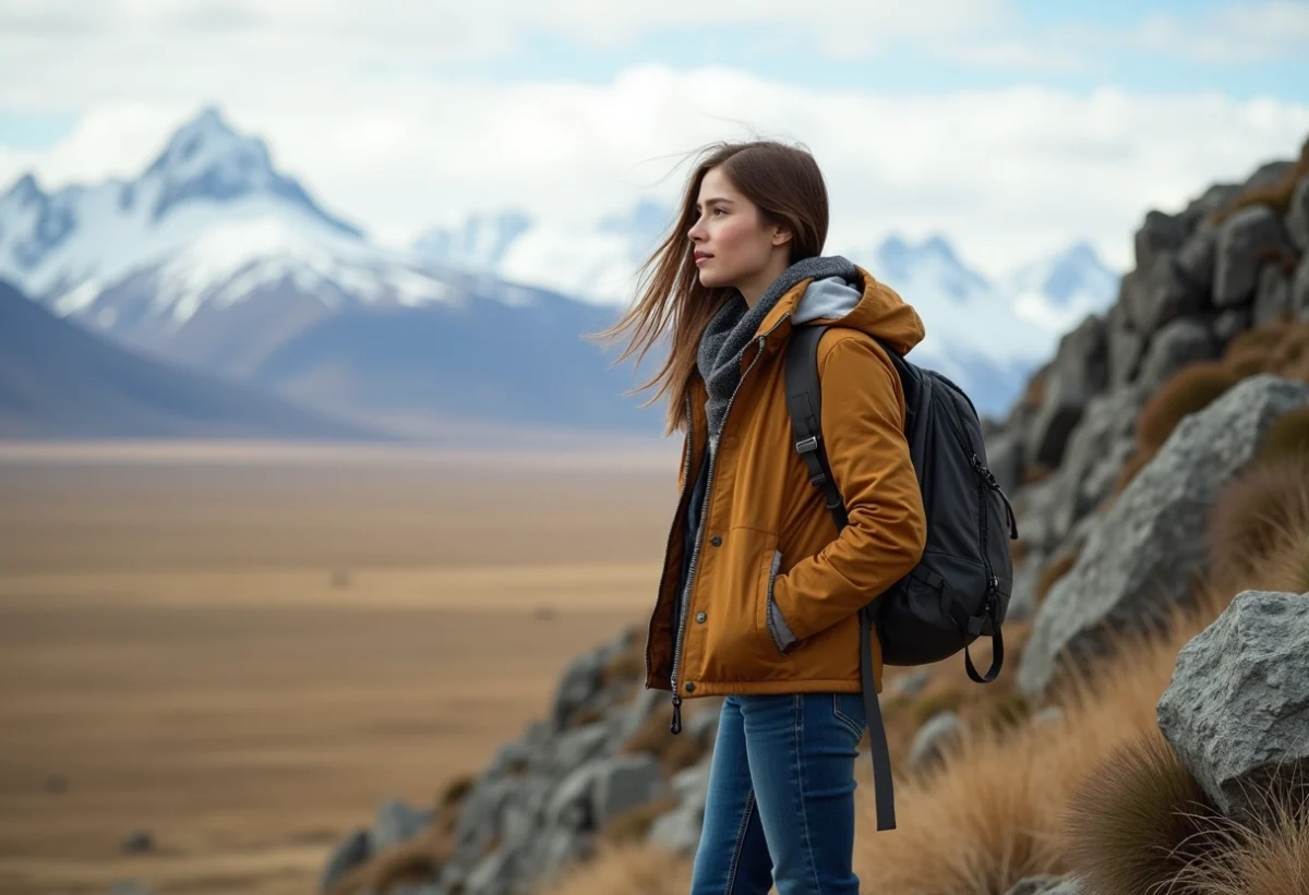 Jeune femme en randonnée sur une falaise en Patagonie
