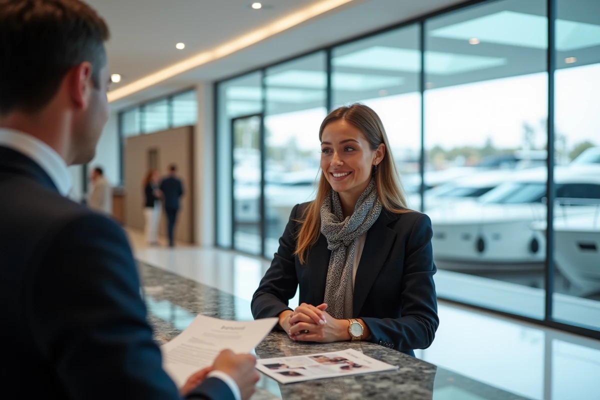 Femme professionnelle discutant avec un courtier en yacht