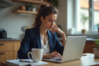 Femme en visioconference dans une cuisine moderne