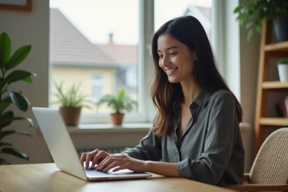 Jeune femme souriante travaillant sur son ordinateur dans un bureau moderne