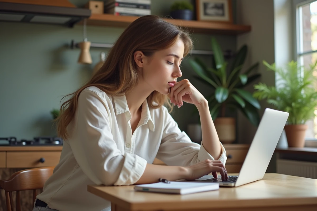 Jeune femme travaillant sur un ordinateur dans une cuisine cosy