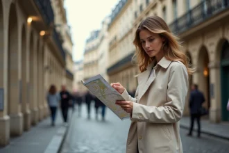 Femme consultant une carte papier de Paris dans une rue pavée haussmannienne, itinéraire piéton