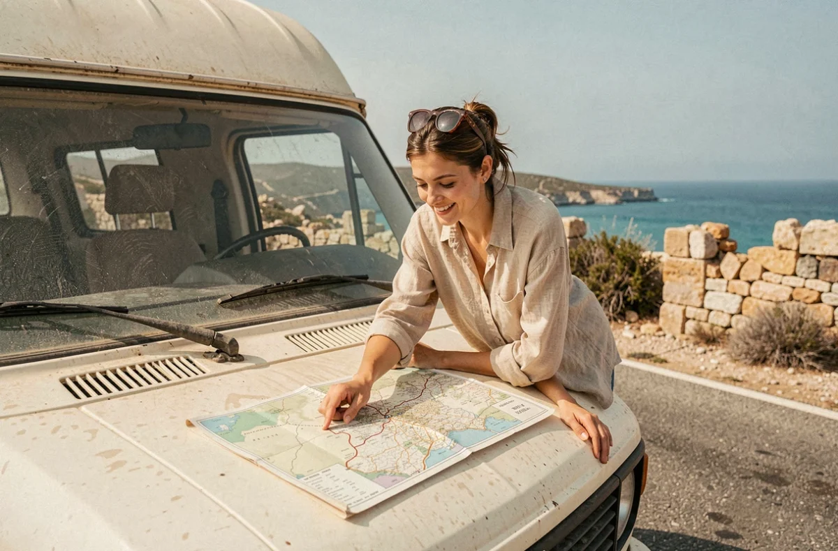 Femme consultant une carte routière dépliée sur un van aménagé garé sur une route côtière méditerranéenne lors d'un road trip