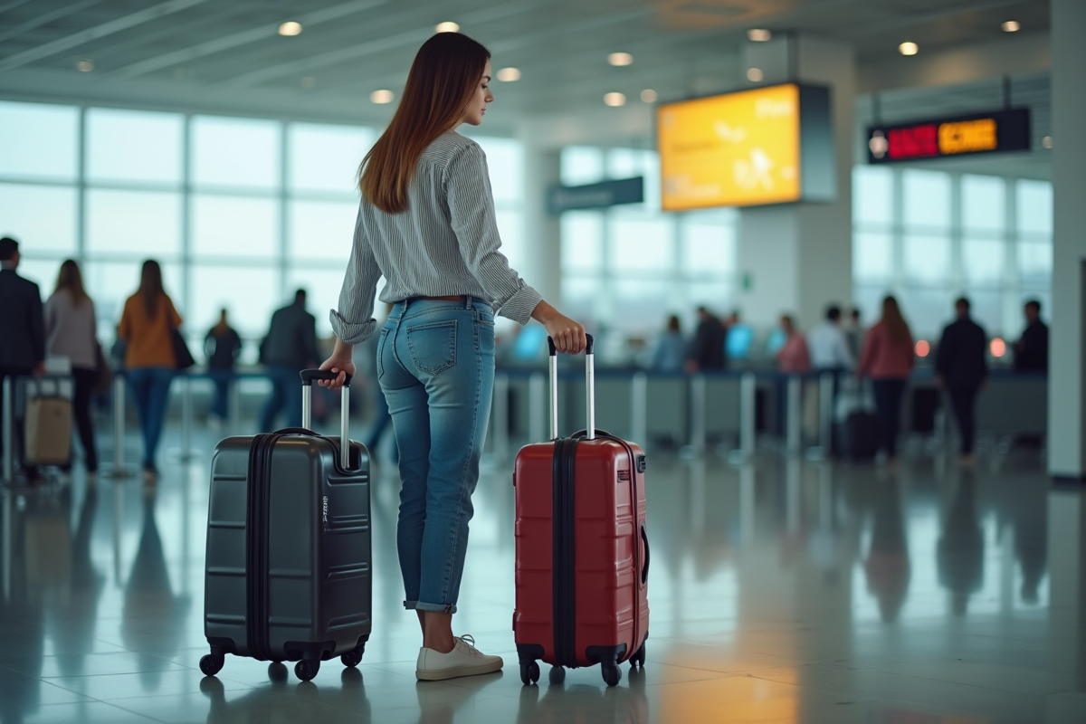 Femme préparant sa valise à l'aéroport avec counters en arrière-plan