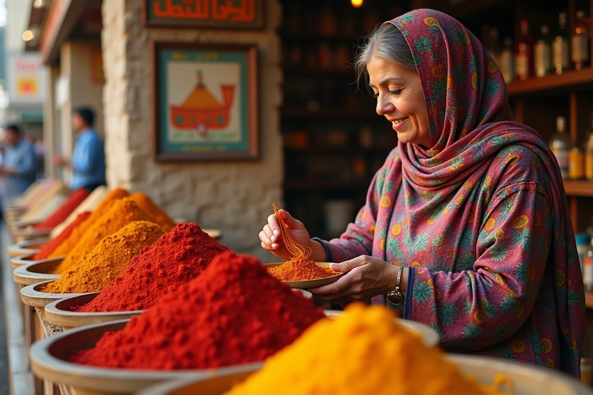 Femme Emirati en abaya colorée examinant des épices à Deira