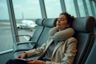 Femme fatiguée en escale dans un terminal d'aéroport international tenant une carte d'embarquement, illustrant l'impact des escales sur la fatigue lors d'un long vol Paris Hong Kong