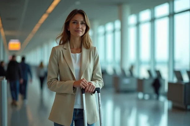 Femme testant la taille de sa valise cabine dans un gabarit officiel d'aéroport