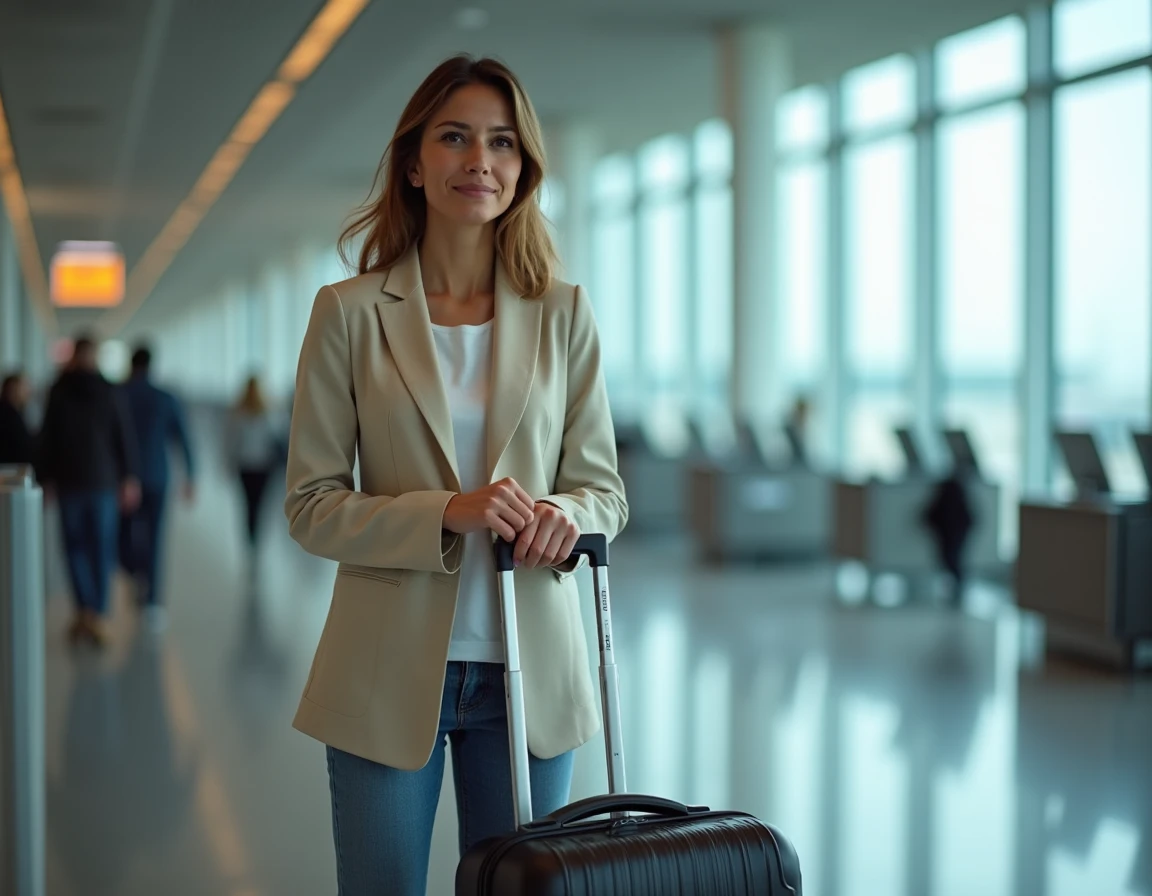 Femme testant la taille de sa valise cabine dans un gabarit officiel d'aéroport