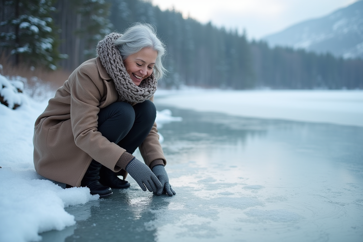 Femme en manteau examine la glace gelée en hiver