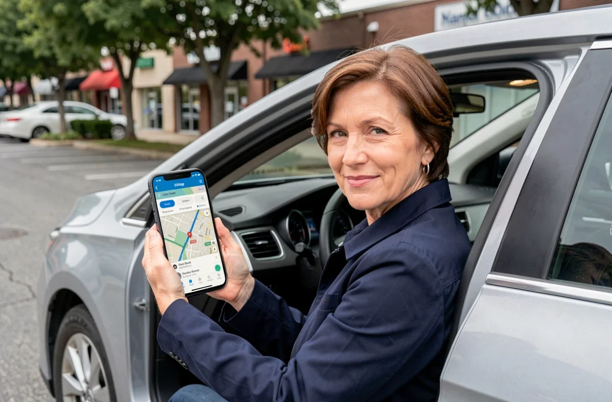 Femme consultant un GPS sur smartphone avec itinéraire ViaMichelin dans sa voiture avant de partir en route