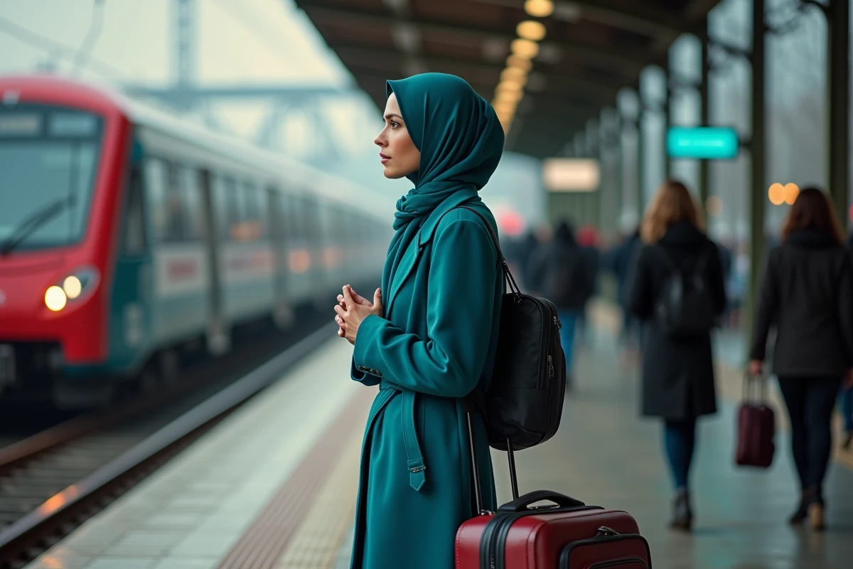 Femme musulmane en hijab sur une plateforme de train