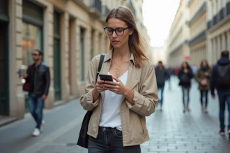 Femme consultant un itinéraire piéton sur son smartphone dans une rue pavée en ville
