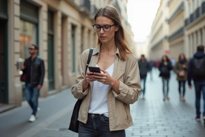 Femme consultant un itinéraire piéton sur son smartphone dans une rue pavée en ville