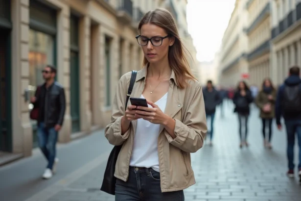 Femme consultant un itinéraire piéton sur son smartphone dans une rue pavée en ville