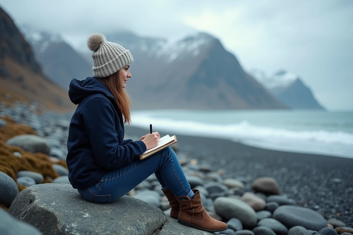 Femme seule avec journal face à la plage arctique