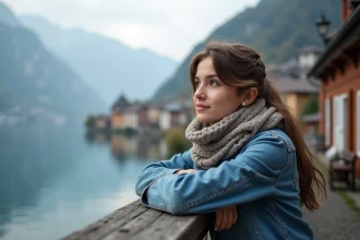 Jeune femme regardant le lac de Hallstatt en Autriche