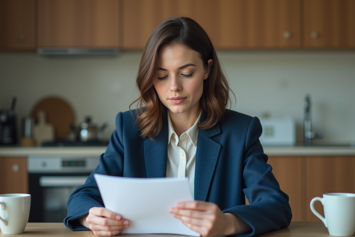 Jeune femme en veste bleue tenant une lettre dans une cuisine moderne