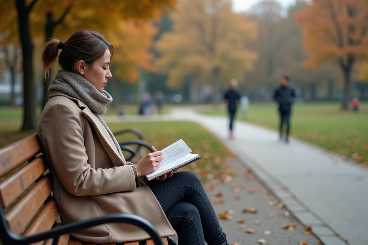 Femme lisant un livre sur un banc dans un parc urbain