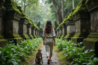 Jeune femme indonesienne dans la foret sacrée d Ubud avec un macaque