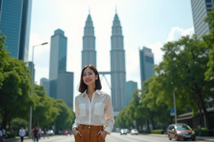 Femme malaysienne souriante près des tours Petronas à Kuala Lumpur