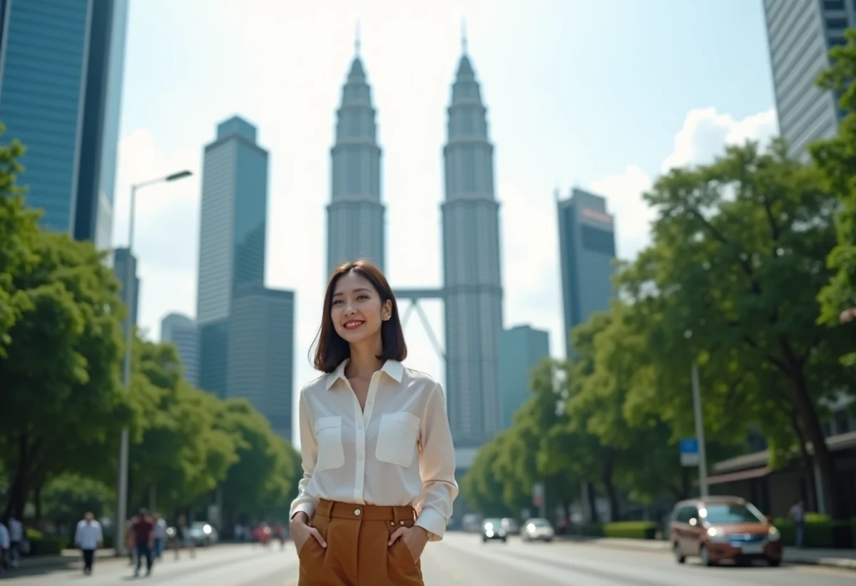 Femme malaysienne souriante près des tours Petronas à Kuala Lumpur