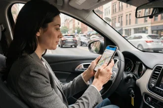 Femme consultant Mappy plan itinéraire sur smartphone dans une voiture en ville pour éviter les bouchons