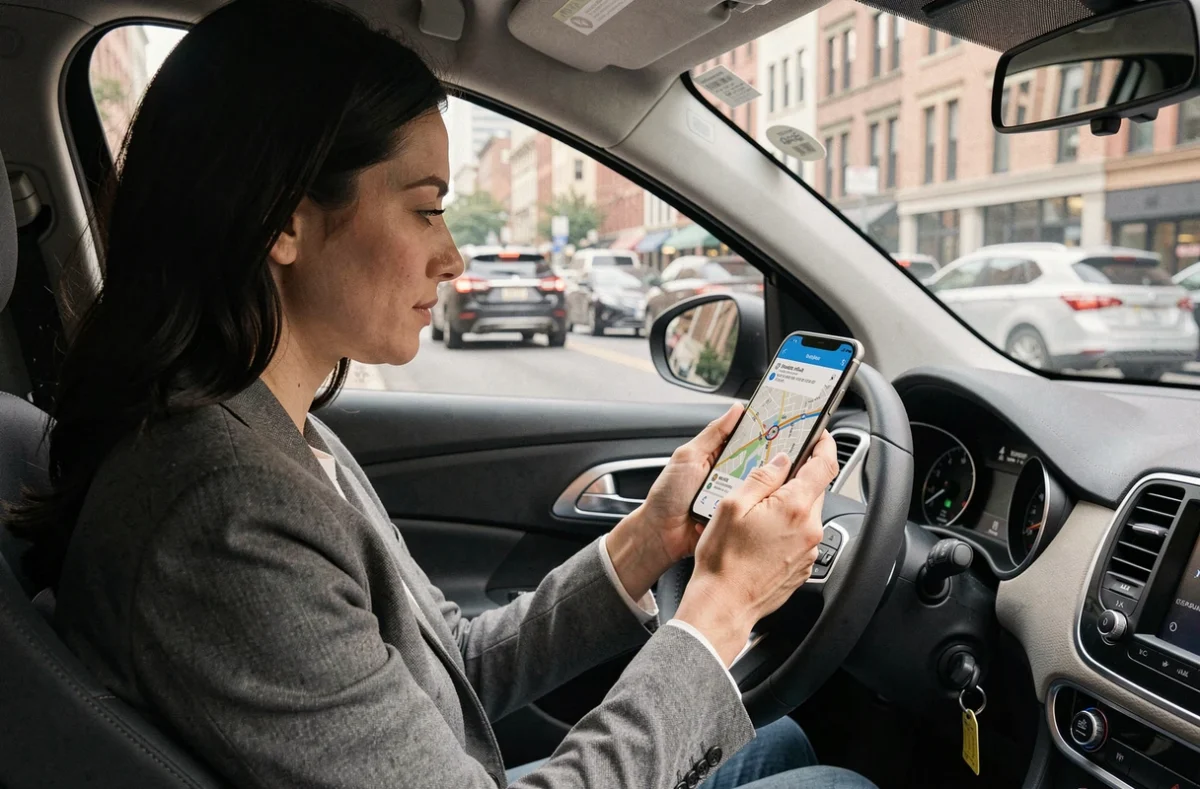 Femme consultant Mappy plan itinéraire sur smartphone dans une voiture en ville pour éviter les bouchons