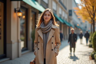 Jeune femme élégante en trench et foulard dans un outlet