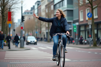 Femme néerlandaise en vélo en ville avec signalisation