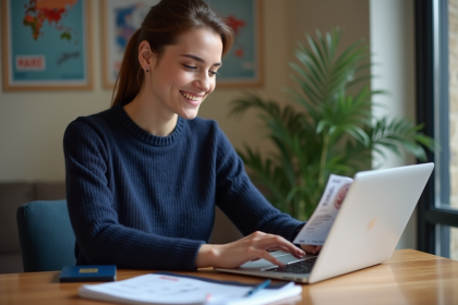 Jeune femme saisissant ses données de voyage sur son ordinateur