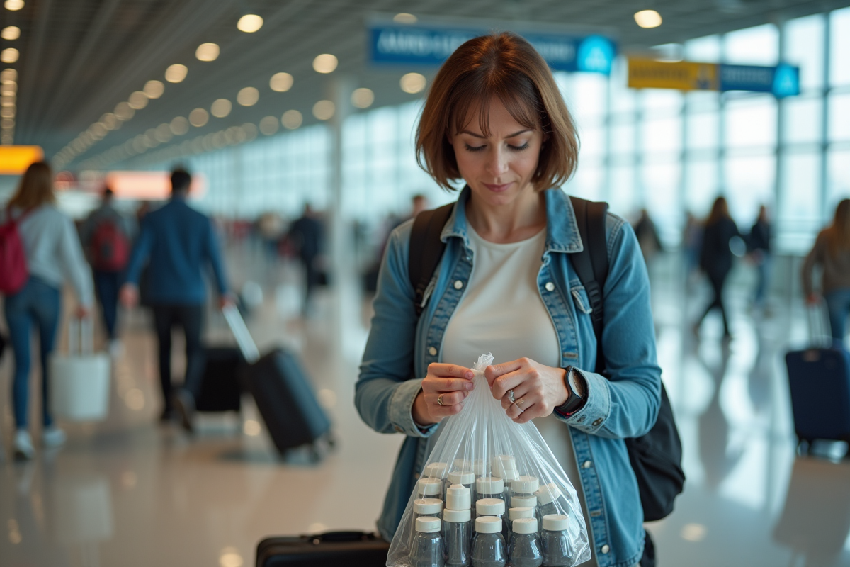 Femme organisée ses liquides à l'aéroport pour le titre voyage