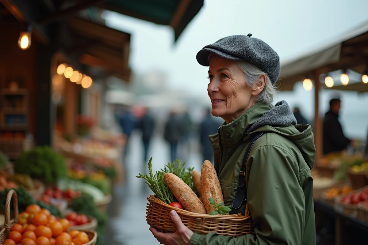 Femme avec un panier en osier sous un auvent de marché à Fort Mahon par temps de pluie